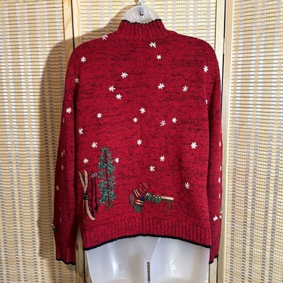 Coldwater Creek Red Knit Ugly Holiday Sweater Cardigan Winter Activities Medium - Picture 12 of 16